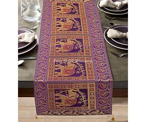 DK Homewares Traditional Decorative Brocade Satin Table Runner 150 cm Long Boho Jacquard With Tassels Purple And Gold Kitchen Centerpiece Elephant Floral Rectangle 5 Ft Tablecloth (40x150 cm)