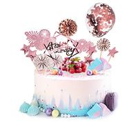 DKBT Cake Decorations 13 Pcs Happy Birthday Cake Toppers Rose Gold Cupcake Topper with Confetti Balloon Acrylic Banner Star Fireworks Paper Fan for Women Girls Birthday Party Anniversary Decor