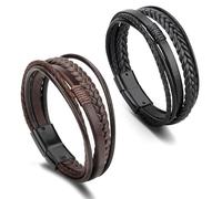 DKDDSSS 2 Pcs Men's Multi-Layer Bracelet, Personalised Handmade Braided Leather Bracelet in Black