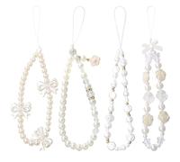 DKDDSSS 4 Pcs Phone Charm, Beaded Bracelet Strap, White Pearl Bow Cell Charms, Cute Chain Mobile Wrist Straps for Girls Women (White)