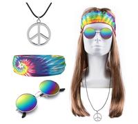 DKDDSSS 4 Pieces Hippie Costume Set, Hippie costume Accessories Set, hippie costumes Halloween Costumes for Men, for 60s or 70s Hippy Party Costume Accessories