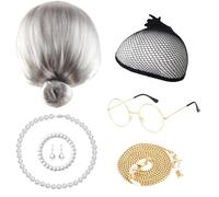 DKDDSSS 7 Pcs Old Lady Costume Set, Grandma Wig, Old Lady Fancy Dress Set, Grey Granny Wig, Granny Fancy Dress, Grandma Costume for Halloween Masquerade Cosplay Outfit Accessories
