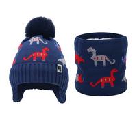 DKDDSSS Boys Bobble Hat & Scarf Set, Winter Hats for Kids, Knitted Bobble & Circle Scarf Set, 3-7 Age, Navy Blue