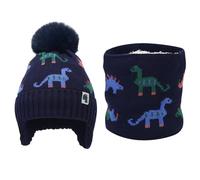 DKDDSSS Boys Winter Bobble Hat and Scarf Set, Knitted Beanie With Circle Scarf, Dinosaur Design for Kids 3-7 Years (Black)