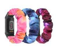 DKGKOO 3 Pack Scrunchie Elastic Strap Compatible with Fitbit Charge 5/ Fitbit Charge 6 Strap, Soft Fabric Cloth Cute Sport Replacement Band for Women (Purple Stars + Blue Stars + Pink Stars, L)