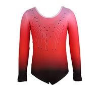Dkhsy Girls Long Sleeve Sparkle Leotards Gradient Color Dance Costume Ballet Gymnastics Clothes(Red, 5-6 Years)
