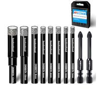DKIBBITH 10 Pack Dry Diamond Drill Bits & Tile Drill Bit Set for Ceramic, Porcelain, Marble, Granite, Stone, Glass - Round Shank 5mm(x2), 6mm(x3),8mm, 10mm, 12mm+2Pack Masonry Drill Bits 6mm.