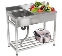 DKIEI 100x50x80cm Stainless Steel Restaurant Kitchen Sink, Commercial Restaurant Sink with Drain & Backsplash, Catering Sink with Storage Shelf and Tap Hole(No Tap)