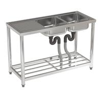 DKIEI 120x50x80cm Commercial Restaurant Sink Stainless Steel Restaurant Kitchen with Storage Shelf, Double Bowl Catering Sink with Drain Free Standing Outdoor for Kitchen Bar(No Tap)