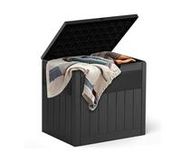 DKIEI 126L Garden Storage Box with Padlock, Lockable Outdoor Storage Box Waterproof for Tools, Cushion, 55.5x43x53 cm, Wood Grain Pattern, Black