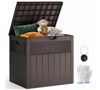 DKIEI 126L Garden Storage Box with Resettable Combination Padlock, Lockable Outdoor Storage Box Waterproof for Tools, Cushion, 55.5x43x53 cm, Wood Grain Pattern, Brown
