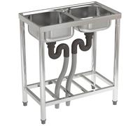 DKIEI Stainless Steel Restaurant Kitchen Sink, 71x39x80cm Commercial Restaurant Sink with Tap Hole, Double Bowl Catering Sink with Drain & Storage Shelf, Free Standing Outdoor Sink, No Tap