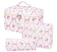 Dkieuyu 2 Pcs Cute Floral Cotton Quilted Makeup Bag Set, Travel Makeup Bag, Large Toiletry Cosmetic Bag Organizer for Women Girls, Pink
