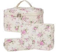 Dkieuyu 2 Pcs Cute Makeup Bag,Cotton Quilted Makeup Bag Set,Floral Makeup Bag,Travel Makeup Bag,Large Toiletry Cosmetic Bag Makeup Bag Organizer for Women Girls, P3-3PCS, Floral Makeup Bag
