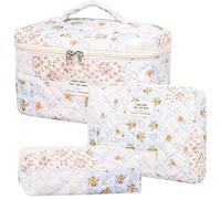 Dkieuyu 2 Pcs Cute Makeup Bag,Cotton Quilted Makeup Bag Set,Floral Makeup Bag,Travel Makeup Bag,Large Toiletry Cosmetic Bag Makeup Bag Organizer for Women Girls, J-3PCS, Floral Makeup Bag
