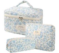 Dkieuyu 3 Pcs Cotton Quilted Makeup Bag Set,Floral Makeup Bag,Cute Makeup Bag,Travel Makeup Bag,Large Toiletry Cosmetic Bag Makeup Bag Organizer for Women Girls, A, Floral Makeup Bag