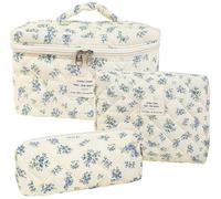 Dkieuyu 3 Pcs Cotton Quilted Makeup Bag Set,Floral Makeup Bag,Cute Makeup Bag,Travel Makeup Bag,Large Toiletry Cosmetic Bag Makeup Bag Organizer for Women Girls, H, Floral Makeup Bag