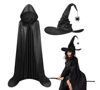DKINY 2 Piece Black Witch Costume Adult, Ladies Halloween Fancy Dress Costume Set with Vampire Hooded Cloak & Black Witch Hat, Halloween Outfit for Women Haunted House Halloween Party Cosplay