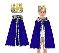 DKINY 2 Piece Kids King Costume, Children's King Cape, Blue Prince Cloak and Crown, Medieval King Royal Robe Outfit for 90-135cm Boys Nativity Halloween Fancy Dress Cosplay