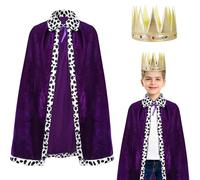 DKINY 2 Piece Kids King Costume, Children's King Cape, Purple Prince Cloak and Crown, Medieval King Royal Robe Outfit for 90-135cm Boys Nativity Halloween Fancy Dress Cosplay