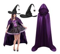 DKINY 2 Piece Purple Witch Costume Adult, Ladies Halloween Fancy Dress Costume Set with Vampire Hooded Cloak & Purple Witch Hat, Halloween Outfit for Women Haunted House Halloween Party Cosplay