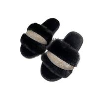 DKJAHSEK Fluffy Flat Home Women Slipper Open To Rhinestones Female Flip Flops Plush Slide Cozy Indoor Shoe(Black,CN40-41(24.5-25cm))