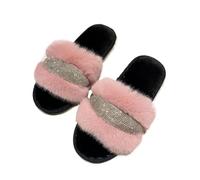 DKJAHSEK Fluffy Flat Home Women Slipper Open To Rhinestones Female Flip Flops Plush Slide Cozy Indoor Shoe(Pink,CN38-39(23.5-24cm))