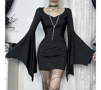 DKJAHSEK Gothic Dress Goth Dark Cospaly Partywear Women Batwing Sleeve Mini Dress Elegant Slim Pleat Bodycon Dresses Gothic Teachwear For parties, masquerade(S)