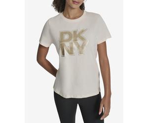 DKNY Glitter Crew Short Sleeve T-Shirt White Gold Women - M