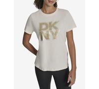 DKNY Glitter Crew Short Sleeve T-Shirt White Gold Women - XS