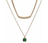 DKNY Gold Tone Emerald Cushion Pendant Tennis Double Chain Necklace