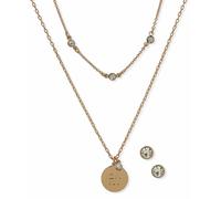 DKNY Gold Tone Logo Crystal Earrings and Pendant Set