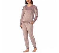 DKNY Ladies Lounge Set Luxurious Plush Stretch Velour 2 Piece UK SIze Velvet Tracksuit For Women Subtle V-Neck (Taupe, S)