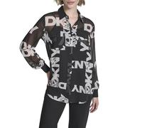 DKNY, Shirt, L/S Bttn DWN Chffon Logo Shirt, Black/Ivory, XXS