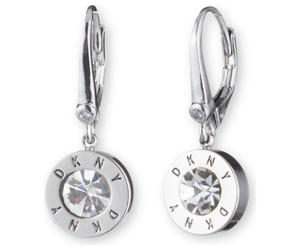 DKNY Silver Plated Crystal Logo Drop Earrings