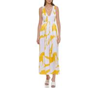 DKNY Sleeveless Printed Maxi Dress, White/Pop Yellow Multi, L