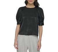 DKNY Women's 3/4 Sleeve Satin Blouse, Black, XS