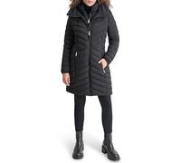 DKNY Women's Bib-Front Light-Weight Puffer Hooded Jacket, Black, L