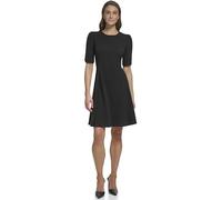 DKNY Women's Button Short Sleeve Fit and Flare Dress, Black, 12