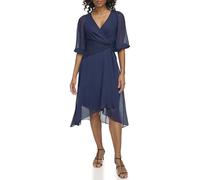 DKNY Women's Chiffon 3/4 Sleeve Faux Wrap Dress, Midnight NVY, 12