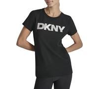 DKNY Women's Exploded Logo Crew Neck Tee T-Shirt, Black/Silver, XS