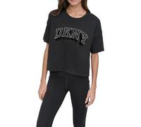 DKNY Women's Flocked Rhinestone Varsity Logo Crop Tee T-Shirt, Black/Black, XS
