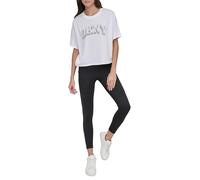 DKNY Women's Flocked Rhinestone Varsity Logo Crop Tee T-Shirt, Silver, M
