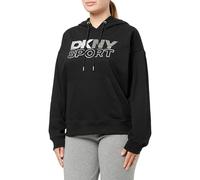 DKNY Women's Foil Rhinestone Logo Hoodie with Kanga Pocket Hooded Sweatshirt, Black and Silver, S