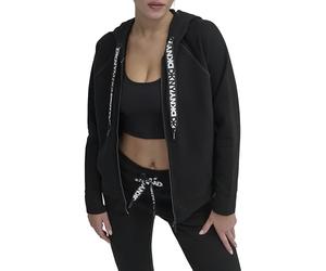 DKNY Women's Logo Drawstring Full Zip Fleece Hoodie Hooded Anorak, Black, Medium