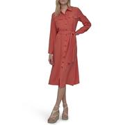 DKNY Women's Long Sleeve Collared Tie Midi Shirtdress, Orange, 18