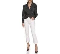 DKNY Women's Long Sleeve V-Neck Satin Wrap Shirt Blouse, Black, L