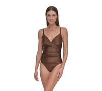 DKNY Women's One-Piece Twist Front Swim Suit with Tummy Control, Mocha Shimmer, Medium