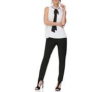 DKNY Women's Pleated Sleeveless Neck-tie Blouse, White/Black, M