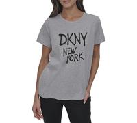 DKNY Women's Rhinestone Graffiti Short Sleeve Relaxed Fit Crew Neck T-Shirt, Grey and Black, XXS